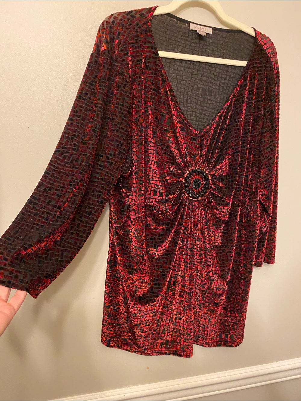 Roz & Ali Red and Black Velvet V-Neck Blouse